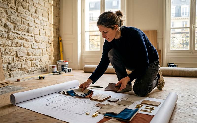 Architecte d'int&eacute;rieur pr&eacute;sentant un plan et des &eacute;chantillons de mat&eacute;riaux &agrave; une cliente dans un appartement en travaux