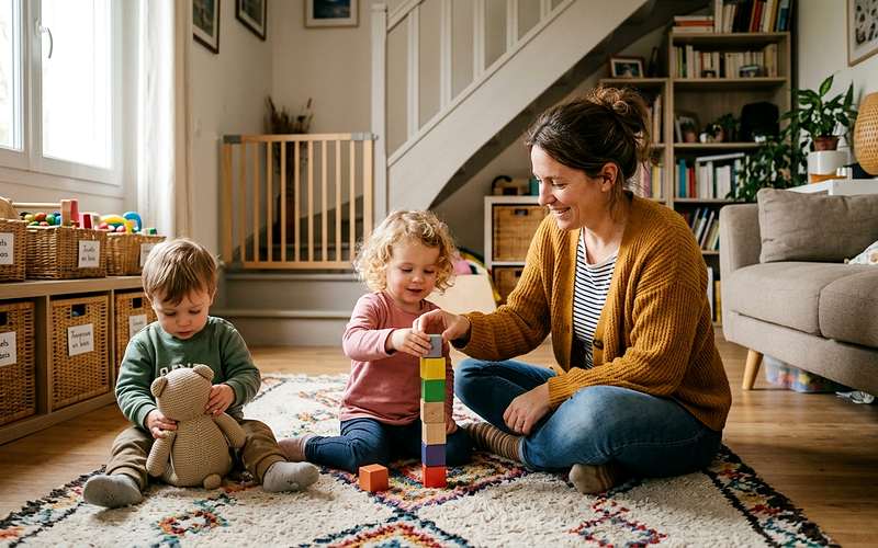 Assistante maternelle assise au sol de son salon aidant un tout-petit &agrave; empiler des cubes en bois