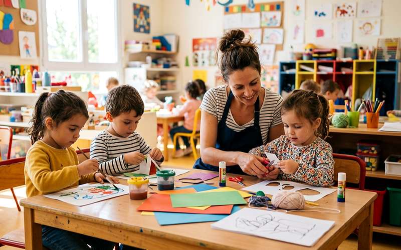 ATSEM aidant trois enfants de maternelle lors d'un atelier de d&eacute;coupage et de peinture en classe