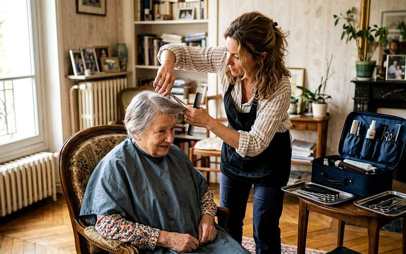 Coiffeur &agrave; domicile r&eacute;alisant une coupe de cheveux au domicile d'une cliente &acirc;g&eacute;e