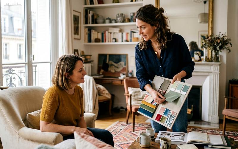 D&eacute;corateur d'int&eacute;rieur : une d&eacute;coratrice pr&eacute;sente une planche d'&eacute;chantillons de tissus et de couleurs &agrave; une cliente dans un salon