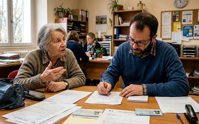 &Eacute;crivain public aidant une personne &agrave; r&eacute;diger un courrier administratif dans un bureau