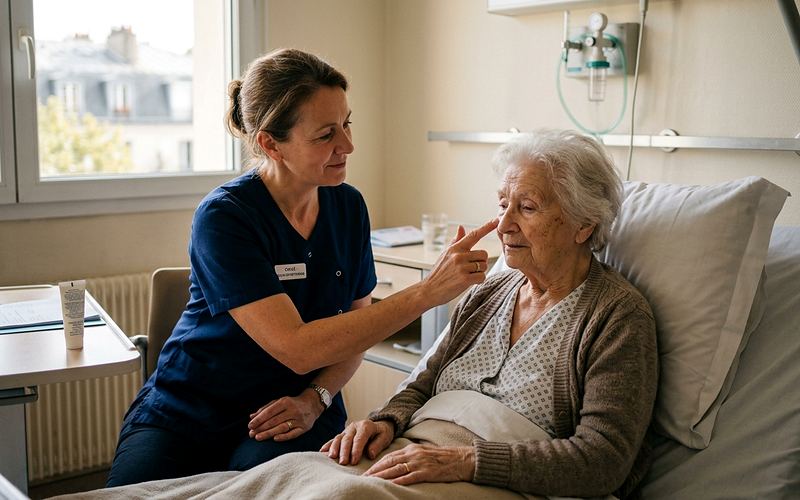 Socio-esth&eacute;ticienne r&eacute;alisant un soin du visage &agrave; une patiente hospitalis&eacute;e