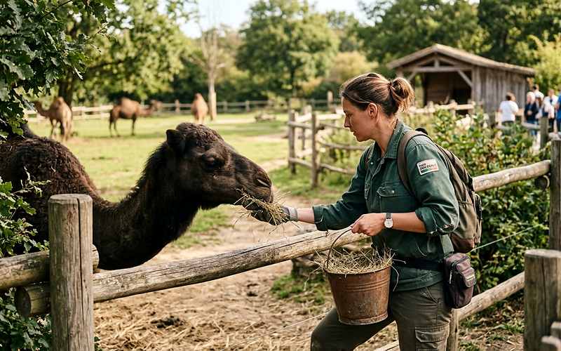 Soigneur animalier nettoyant un enclos et nourrissant des animaux dans un parc zoologique