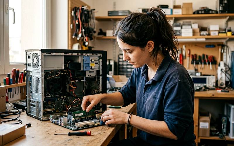 Technicien de maintenance informatique testant une carte m&egrave;re sur un poste ouvert dans un atelier