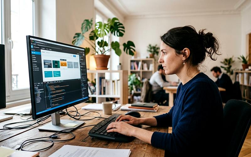 Webmaster travaillant sur l'interface d'un site web devant deux écrans dans un bureau